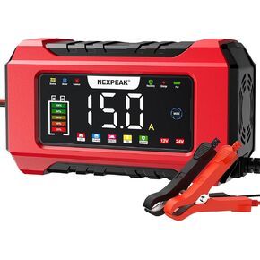 NEXPEAK NC215 15-Amp Battery Charger, 12V 24V LiFePO4 Lead Acid Portable Car Battery Charger 9-Stage Trickle Charger Smart Battery Maintainer w/Temp Compensation for Car Truck Lawn Mower Boat Marine