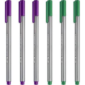STAEDTLER 334 Triplus Fineliner Superfine Point Pens - 0.3mm - Violet & Green Ink - Pack of 6