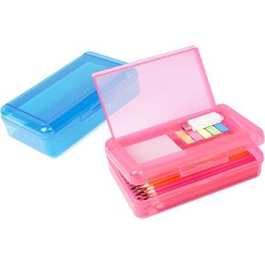 Plastic Pencil Box 2 Pack, Large Capacity Pencil Case, Pencil Boxes Double Layer for Kids Adults, Colored Pencil Case, Hard Crayon Box Storage with Snap-Tight Lid for School Office (Clear)