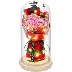 Preserved Flowers Present for Women,Preserved Real Rose Bouquet in Glass with LED Light,Eternal Roses for Her,Mom,Wife,Grandma as Anniversary,Birthdays,Valentine's Day,Christmas,Mother's Day