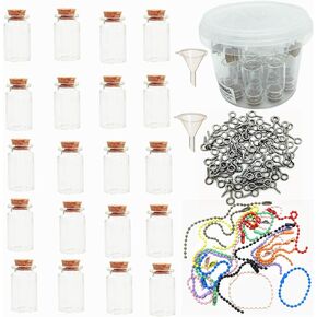 Qiandier Mini Clear Glass Jars Bottles with Cork Stoppers Set with Eye Screws and Small Funnel with Connection Accessories and Storage Bucket for Decoration Art Crafts DIY Projects