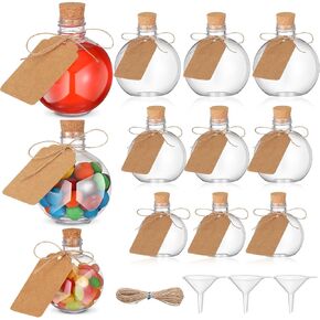 12 Pcs Spherical Plastic Potion Bottles with Cork 3, 5, 6 oz Ball Shape Round Sand Art Bottles with mini Funnels for Wedding Cocktail Ornament Decorative Candy Jar Drink DIY Crafts