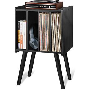 2BHOME Wooden Record Player Stand, Vinyl Record Storage Holder Table with 4 Cabinets, Holds up to 100 LPs, Metal Vinyl Record Organizer Stand, Classical Design for Files/Book (Mid-Century Modern)