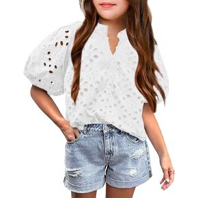 Girl Puff Sleeve Tops Deep V Neck Hallow Out Shirt Casual Lace Embroidered Loose Blouses Shirts