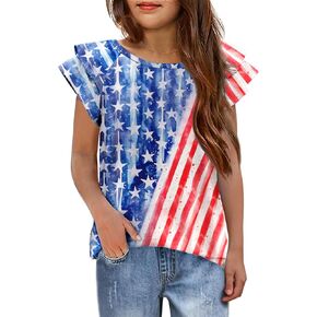 Arshiner 4th of July Shirt for Girl Patriotic American Flag Ruffle Short Sleeves Shirts Tops Tee Blouse