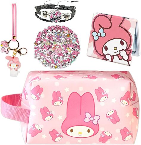 Cute Anime Storage Bag Cartoon Stuff for Girls Women, Large Capacity Waterproof PU Makeup Cosmetic Toiletry Bag Accessories with Mirror,Bracelet,Keychain,Stickers Back to School Supplies in Saudi Arabia