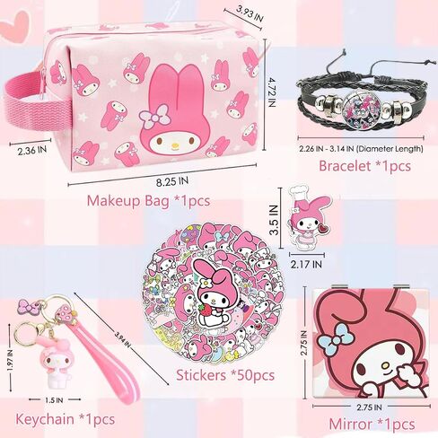 Cute Anime Storage Bag Cartoon Stuff for Girls Women, Large Capacity Waterproof PU Makeup Cosmetic Toiletry Bag Accessories with Mirror,Bracelet,Keychain,Stickers Back to School Supplies in Saudi Arabia