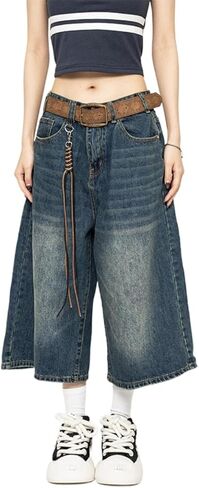 النساء Y2k فضفاض Jorts خمر واسعة الساق طويلة شورتات جينز فضفاضة تناسب كابري الدنيم السراويل العصرية الجرونج خمر الشارع الشهير in Kuwait