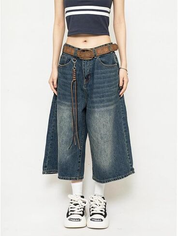 النساء Y2k فضفاض Jorts خمر واسعة الساق طويلة شورتات جينز فضفاضة تناسب كابري الدنيم السراويل العصرية الجرونج خمر الشارع الشهير in Kuwait