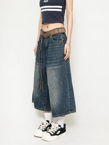 النساء Y2k فضفاض Jorts خمر واسعة الساق طويلة شورتات جينز فضفاضة تناسب كابري الدنيم السراويل العصرية الجرونج خمر الشارع الشهير in Kuwait