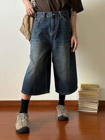 النساء Y2k فضفاض Jorts خمر واسعة الساق طويلة شورتات جينز فضفاضة تناسب كابري الدنيم السراويل العصرية الجرونج خمر الشارع الشهير in Kuwait