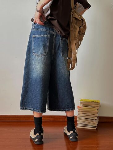 النساء Y2k فضفاض Jorts خمر واسعة الساق طويلة شورتات جينز فضفاضة تناسب كابري الدنيم السراويل العصرية الجرونج خمر الشارع الشهير in Kuwait