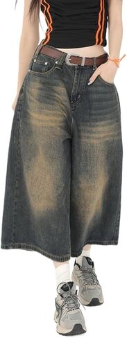 النساء Y2k فضفاض Jorts خمر واسعة الساق طويلة شورتات جينز فضفاضة تناسب كابري الدنيم السراويل العصرية الجرونج خمر الشارع الشهير in Kuwait