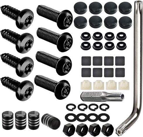 Anti Theft License Plate Screws,Stainless Steel Rustproof Security Bolts Fasteners for Front Rear Car Tag Mount- M6 Locking Hardware,with Matte Black Caps Covers, Insert Nuts,Car Tire Valve Cap(Black) in Saudi Arabia