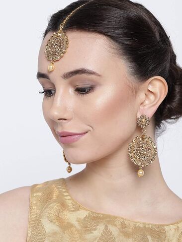 DAMANI Indian Traditional Gold Plated Polki Earrings Pair With Maang-Tikka in Saudi Arabia