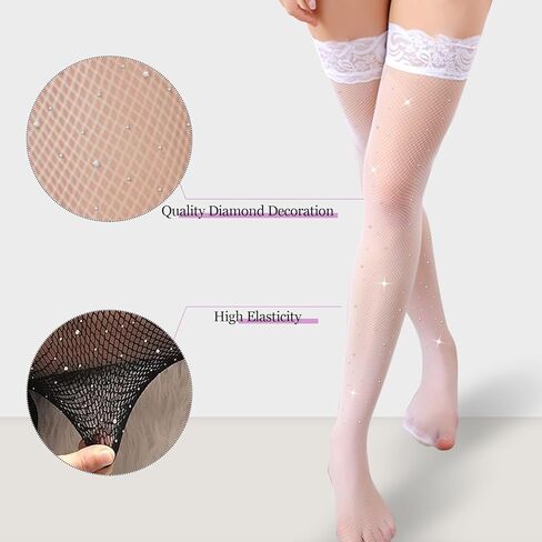 جوارب نسائية بيضاء مثيرة من الدانتيل عالية الفخذ مع جوارب من السيليكون اللامعة من الدانتيل بحجر الراين in Kuwait