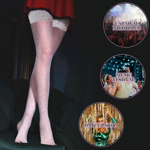 جوارب نسائية بيضاء مثيرة من الدانتيل عالية الفخذ مع جوارب من السيليكون اللامعة من الدانتيل بحجر الراين in Kuwait