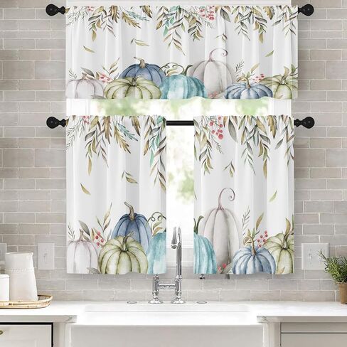 ستائر المطبخ اليقطين سقوط نافذة الستائر الستارة والطبقة مجموعة 36 بوصة، أوراق الخريف المائية قضيب جيب ستارة قصيرة الطبقة للغرفة، عيد الشكر مقهى صغير ديكور المطبخ in Kuwait
