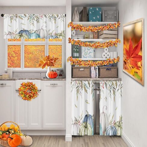 ستائر المطبخ اليقطين سقوط نافذة الستائر الستارة والطبقة مجموعة 36 بوصة، أوراق الخريف المائية قضيب جيب ستارة قصيرة الطبقة للغرفة، عيد الشكر مقهى صغير ديكور المطبخ in Kuwait