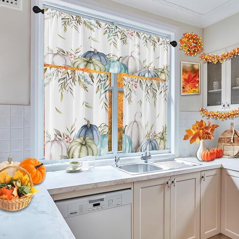 ستائر المطبخ اليقطين سقوط نافذة الستائر الستارة والطبقة مجموعة 36 بوصة، أوراق الخريف المائية قضيب جيب ستارة قصيرة الطبقة للغرفة، عيد الشكر مقهى صغير ديكور المطبخ in Kuwait
