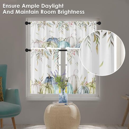 ستائر المطبخ اليقطين سقوط نافذة الستائر الستارة والطبقة مجموعة 36 بوصة، أوراق الخريف المائية قضيب جيب ستارة قصيرة الطبقة للغرفة، عيد الشكر مقهى صغير ديكور المطبخ in Kuwait