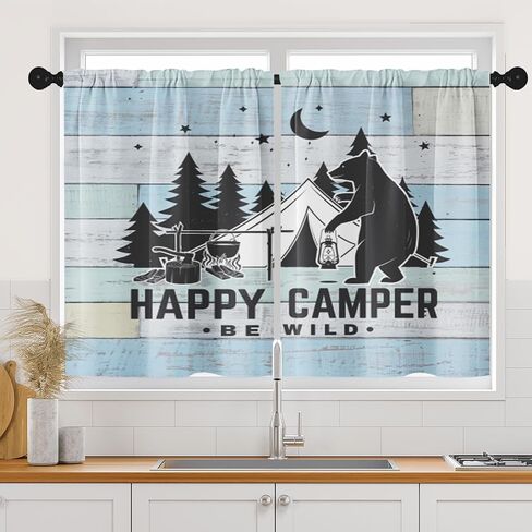 Camper Kitchen Curtains RV Window Curtains Over Sink Set of 2, Camping Tent Bear with Lantern Vintage Rod Pocket Short Tier Curtains for Kitchen, Farmhouse Small Kitchen Decor (26x36 Inch) in Saudi Arabia