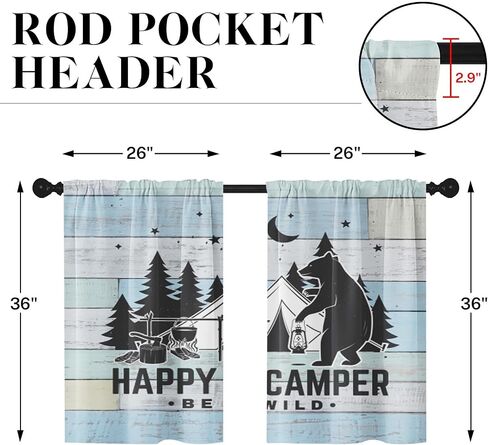 Camper Kitchen Curtains RV Window Curtains Over Sink Set of 2, Camping Tent Bear with Lantern Vintage Rod Pocket Short Tier Curtains for Kitchen, Farmhouse Small Kitchen Decor (26x36 Inch) in Saudi Arabia