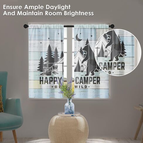 Camper Kitchen Curtains RV Window Curtains Over Sink Set of 2, Camping Tent Bear with Lantern Vintage Rod Pocket Short Tier Curtains for Kitchen, Farmhouse Small Kitchen Decor (26x36 Inch) in Saudi Arabia
