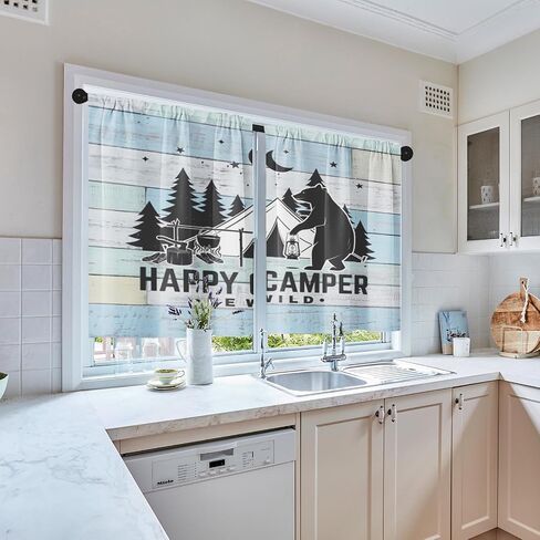 Camper Kitchen Curtains RV Window Curtains Over Sink Set of 2, Camping Tent Bear with Lantern Vintage Rod Pocket Short Tier Curtains for Kitchen, Farmhouse Small Kitchen Decor (26x36 Inch) in Saudi Arabia
