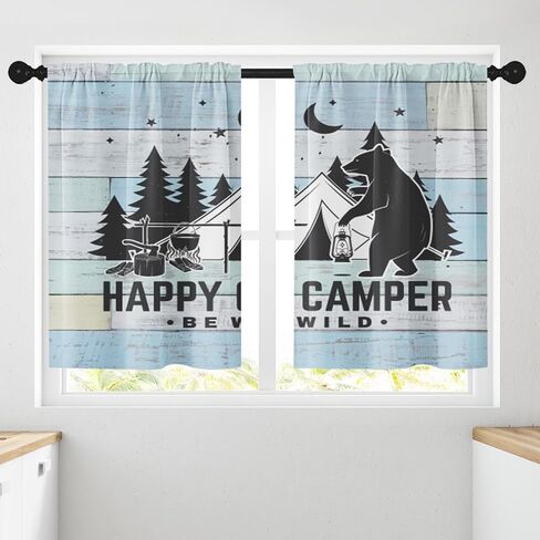 Camper Kitchen Curtains RV Window Curtains Over Sink Set of 2, Camping Tent Bear with Lantern Vintage Rod Pocket Short Tier Curtains for Kitchen, Farmhouse Small Kitchen Decor (26x36 Inch) in Saudi Arabia