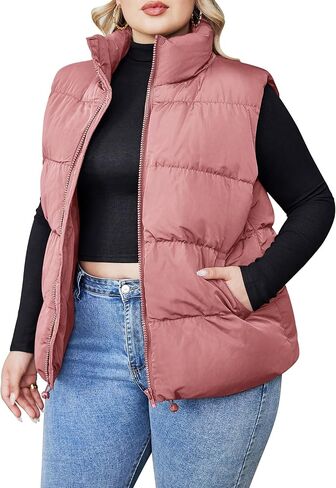 IN'VOLAND Women's Plus Size Zip Up Puffer Vest Stand Collar Outerwear Sleeveless Padded Jacket Coat with Pockets in Saudi Arabia
