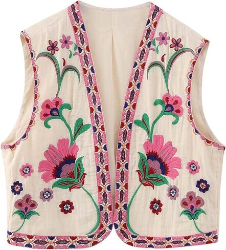 Women's Embroidered Vest Outerwear Vintage Floral Cropped Waistcoat Casual Open Sleeveless Boho Cardigan in Saudi Arabia