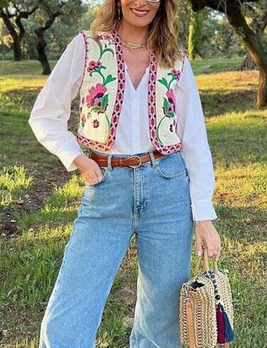 Women's Embroidered Vest Outerwear Vintage Floral Cropped Waistcoat Casual Open Sleeveless Boho Cardigan in Saudi Arabia