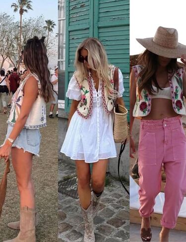 Women's Embroidered Vest Outerwear Vintage Floral Cropped Waistcoat Casual Open Sleeveless Boho Cardigan in Saudi Arabia