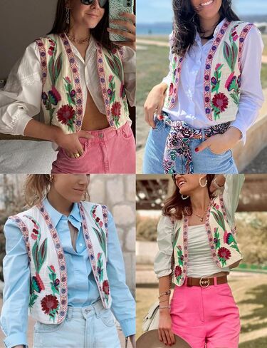 Women's Embroidered Vest Outerwear Vintage Floral Cropped Waistcoat Casual Open Sleeveless Boho Cardigan in Saudi Arabia
