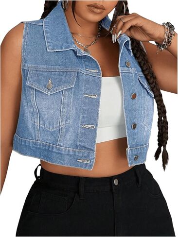 MakeMeChic Women's Plus Size Denim Vest Button Down Collared Pocket Sleeveless Crop Jean Vest in Saudi Arabia