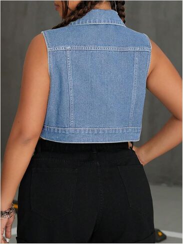 MakeMeChic Women's Plus Size Denim Vest Button Down Collared Pocket Sleeveless Crop Jean Vest in Saudi Arabia