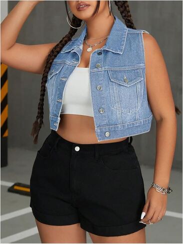 MakeMeChic Women's Plus Size Denim Vest Button Down Collared Pocket Sleeveless Crop Jean Vest in Saudi Arabia