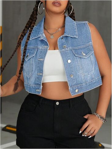 MakeMeChic Women's Plus Size Denim Vest Button Down Collared Pocket Sleeveless Crop Jean Vest in Saudi Arabia