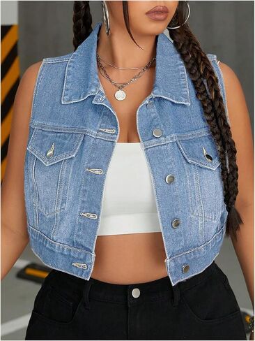 MakeMeChic Women's Plus Size Denim Vest Button Down Collared Pocket Sleeveless Crop Jean Vest in Saudi Arabia