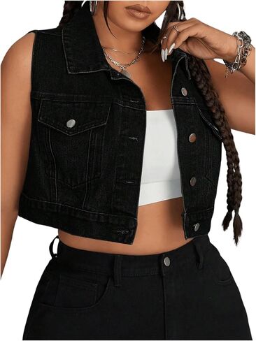 MakeMeChic Women's Plus Size Denim Vest Button Down Collared Pocket Sleeveless Crop Jean Vest in Saudi Arabia