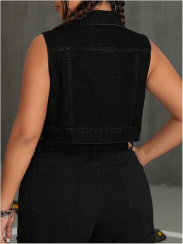 MakeMeChic Women's Plus Size Denim Vest Button Down Collared Pocket Sleeveless Crop Jean Vest in Saudi Arabia