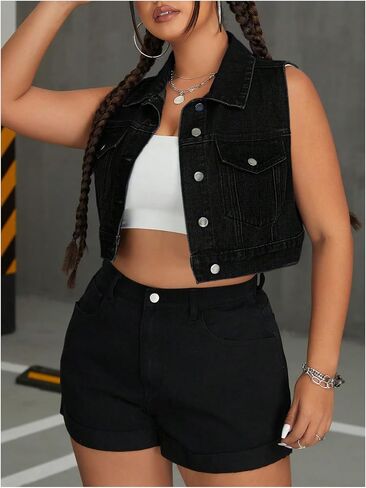MakeMeChic Women's Plus Size Denim Vest Button Down Collared Pocket Sleeveless Crop Jean Vest in Saudi Arabia
