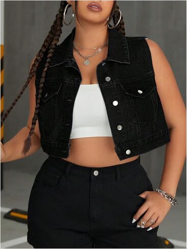 MakeMeChic Women's Plus Size Denim Vest Button Down Collared Pocket Sleeveless Crop Jean Vest in Saudi Arabia