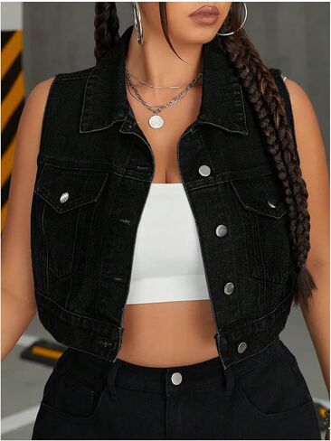 MakeMeChic Women's Plus Size Denim Vest Button Down Collared Pocket Sleeveless Crop Jean Vest in Saudi Arabia