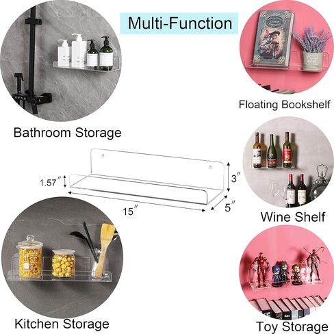 Sooyee 6 Pack Floating Shelves,15 Inch Acrylic Shelves Floating Bookshelf,Funko Pop Display Shelf, Invisible Picture Ledge Wall Mounted Shelves,Clear Shelves in Saudi Arabia