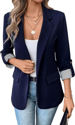 MakeMeChic Women's Roll Up Sleeve Single Button Office Blazer Lapel Neck Elegant Business Jacket Work Outerwear in Saudi Arabia