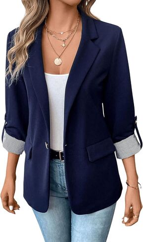 MakeMeChic Women's Roll Up Sleeve Single Button Office Blazer Lapel Neck Elegant Business Jacket Work Outerwear in Saudi Arabia
