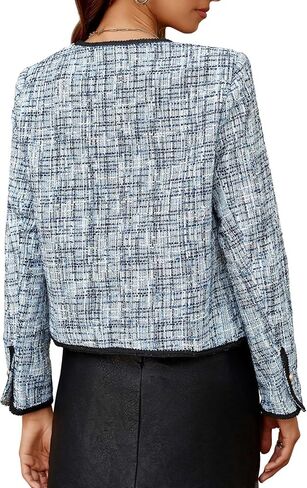 Cicy Bell Womens Cropped Tweed Blazer Jackets Collarless Long Sleeve Work Business Casual Outfits in Saudi Arabia