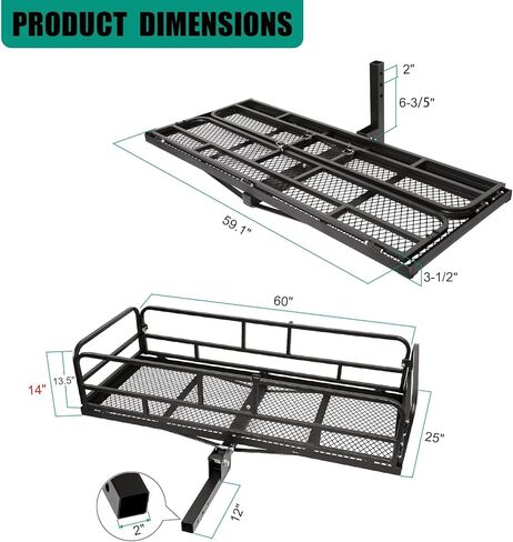حامل بضائع قابل للطي بمقاس 60 × 24 × 14 بوصة مع قضبان جانبية عالية لشاحنة RV SUV Van، 500 رطل. سعة، رسيفر 2 بوصة، أسود in Kuwait